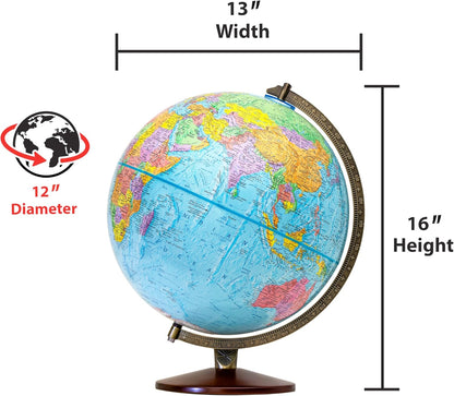 Replogle Illuminated World Globe with Stand, 12 Inch diamteter light up globe with 3-D Raised Relief Texture. Perfect for Children And Kid's Classroom and home Decor, Made In USA