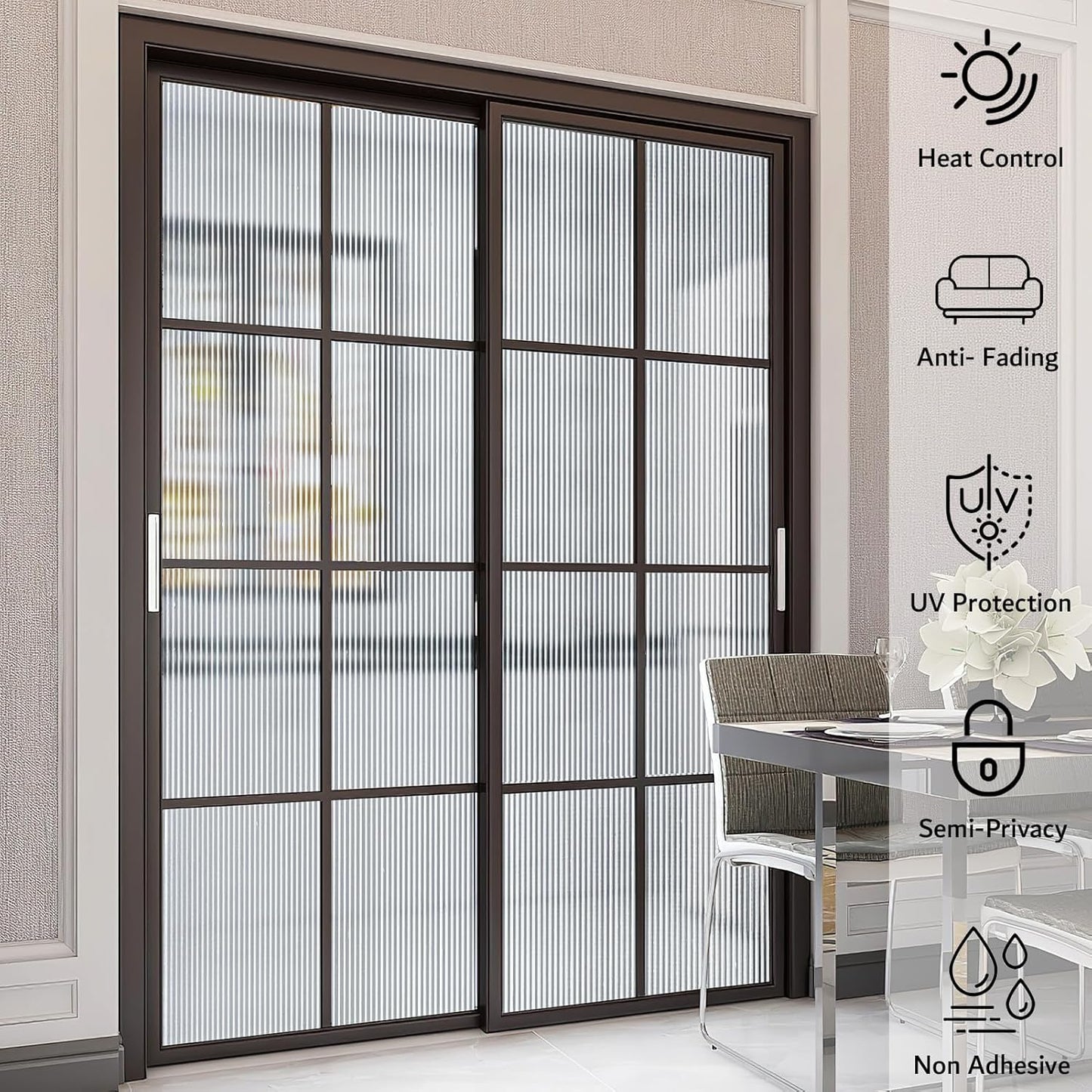 VELIMAX Reeded Glass Privacy Film, Frosted Window Vinyl, 3D Decorative Window Decals Non Adhesive for Bathroom & Living Room, 17.7x118 inches