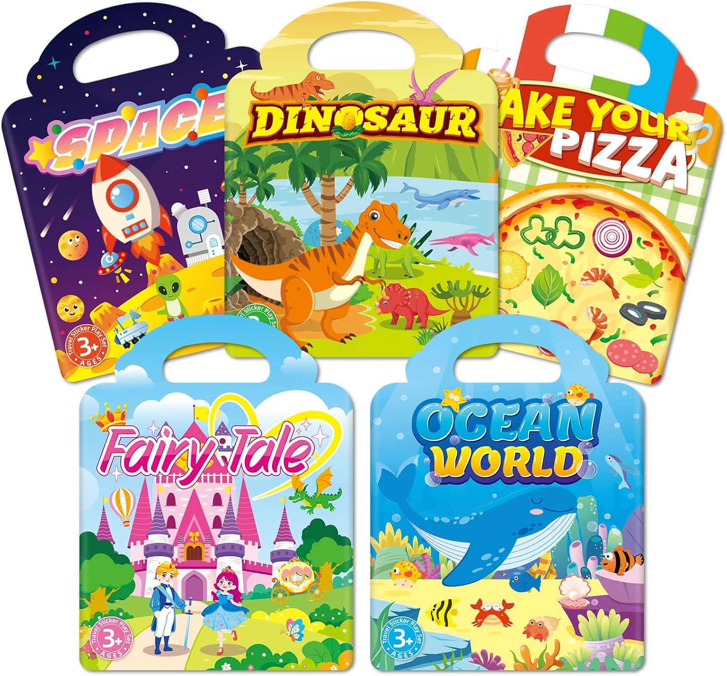 Sticker Books for Toddlers 2-4 Years, Travel Sticker Book with Washable Jelly Stickers, Foldable Carry Handle Quiet Toy, 5 Theme Scenes for Kids 3-5, Dinosaur+Space+Ocean+Fairy Tale+Pizza