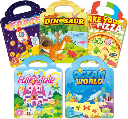 Sticker Books for Toddlers 2-4 Years, Travel Sticker Book with Washable Jelly Stickers, Foldable Carry Handle Quiet Toy, 5 Theme Scenes for Kids 3-5, Dinosaur+Space+Ocean+Fairy Tale+Pizza