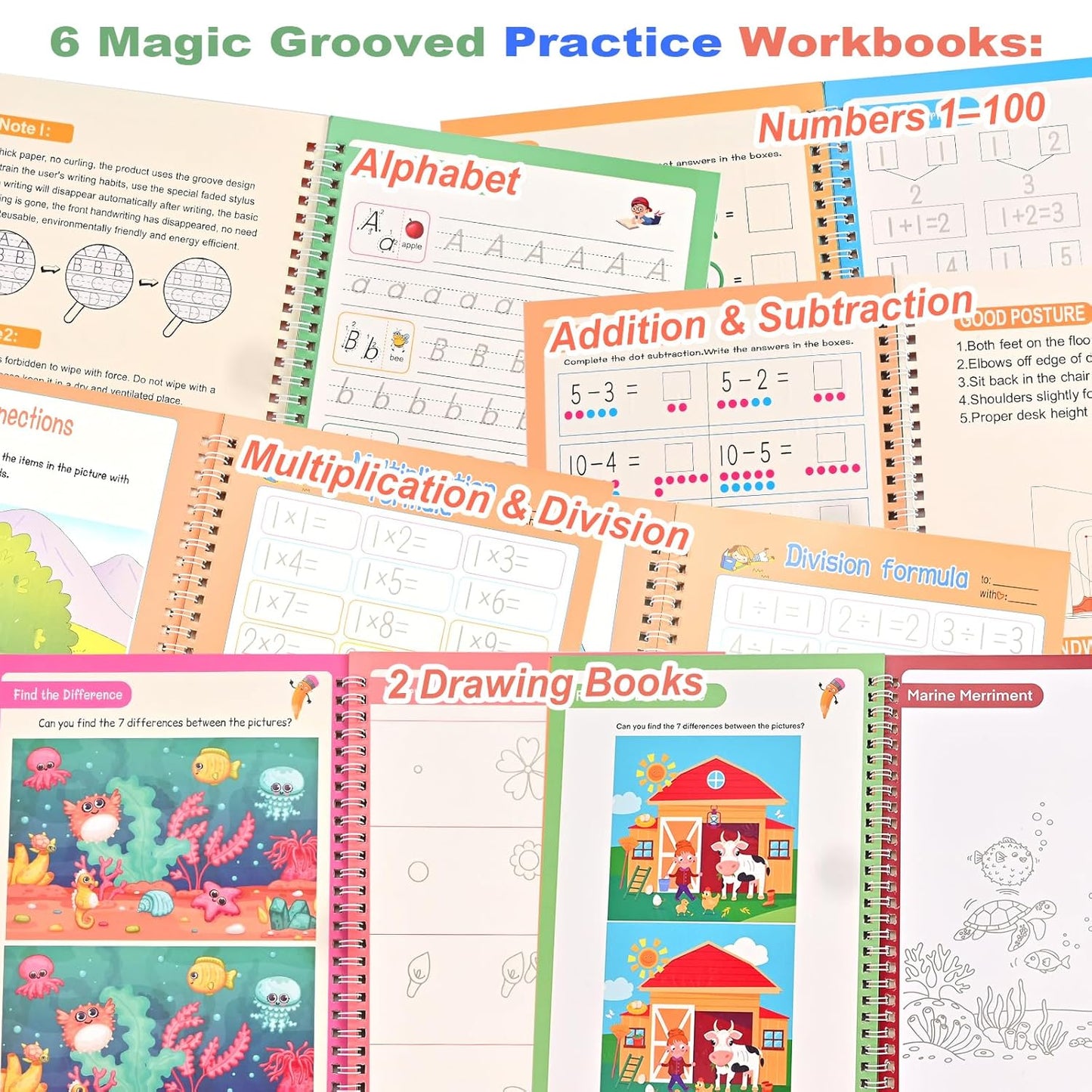 Magic Grooved Practice Copybook for Kids 3-8 - 6 Reusable Handwriting Practice Books with Pens | Letter & Number Tracing, Math & Drawing | Preschool & Kindergarten Workbook Set
