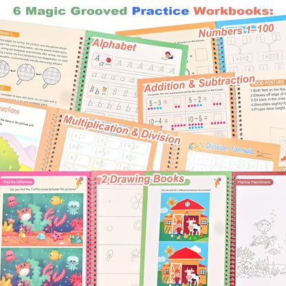 Magic Grooved Practice Copybook for Kids 3-8 - 6 Reusable Handwriting Practice Books with Pens | Letter & Number Tracing, Math & Drawing | Preschool & Kindergarten Workbook Set