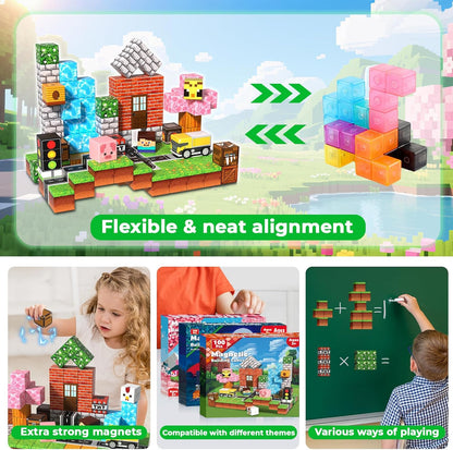 Magnetic Blocks - 200PCS Magnetic Blocks with 6 Base Plate, Magnetic Building Blocks for Kids Ages 4 5 6 7 8, Stacking Magnets for Kids, Birthday Gifts for 3-10 Year Old Boy Girls, STEM Toys