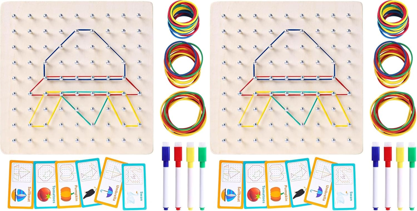 LovesTown Wooden Geoboard Montessori Toys for Kids Graphical Geo Board with Rubber Bands Educational Brain Teaser Toys for Boys Girls