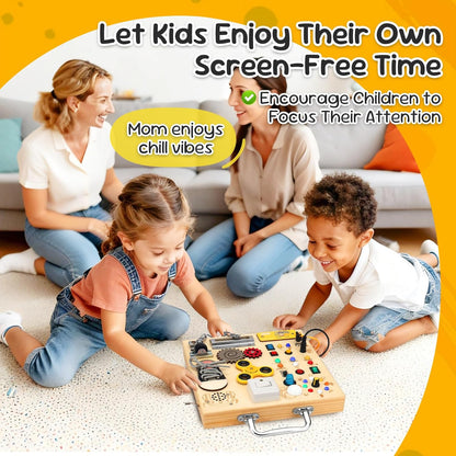 Wooden Busy Board with LED Light，Montessori Baby Learning Toys for Toddlers , Sensory Activity Board , Travel Educational Toy Boy & Girl Birthday Gift (Black Handle)