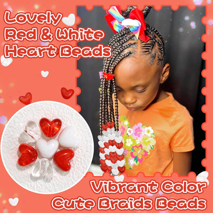 88PCS Pink White Hair Beads for Braids Lovely Heart Shape Loc Dreadlock Valentine's Day Bead Accessories Cute Acrylic Small Pony Beads for Kids Girls