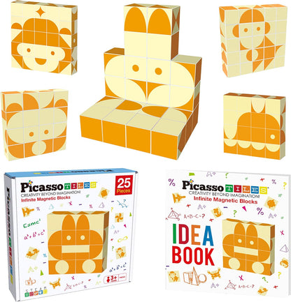 PicassoTiles 25 Piece Magnetic Puzzle Game Magic Cube Puzzles Brain Teaser Set Kids Toy Magnet Pattern Block Matching Toys with Free Ideabook 150+ Inspirations Included STEM Learning Early Education