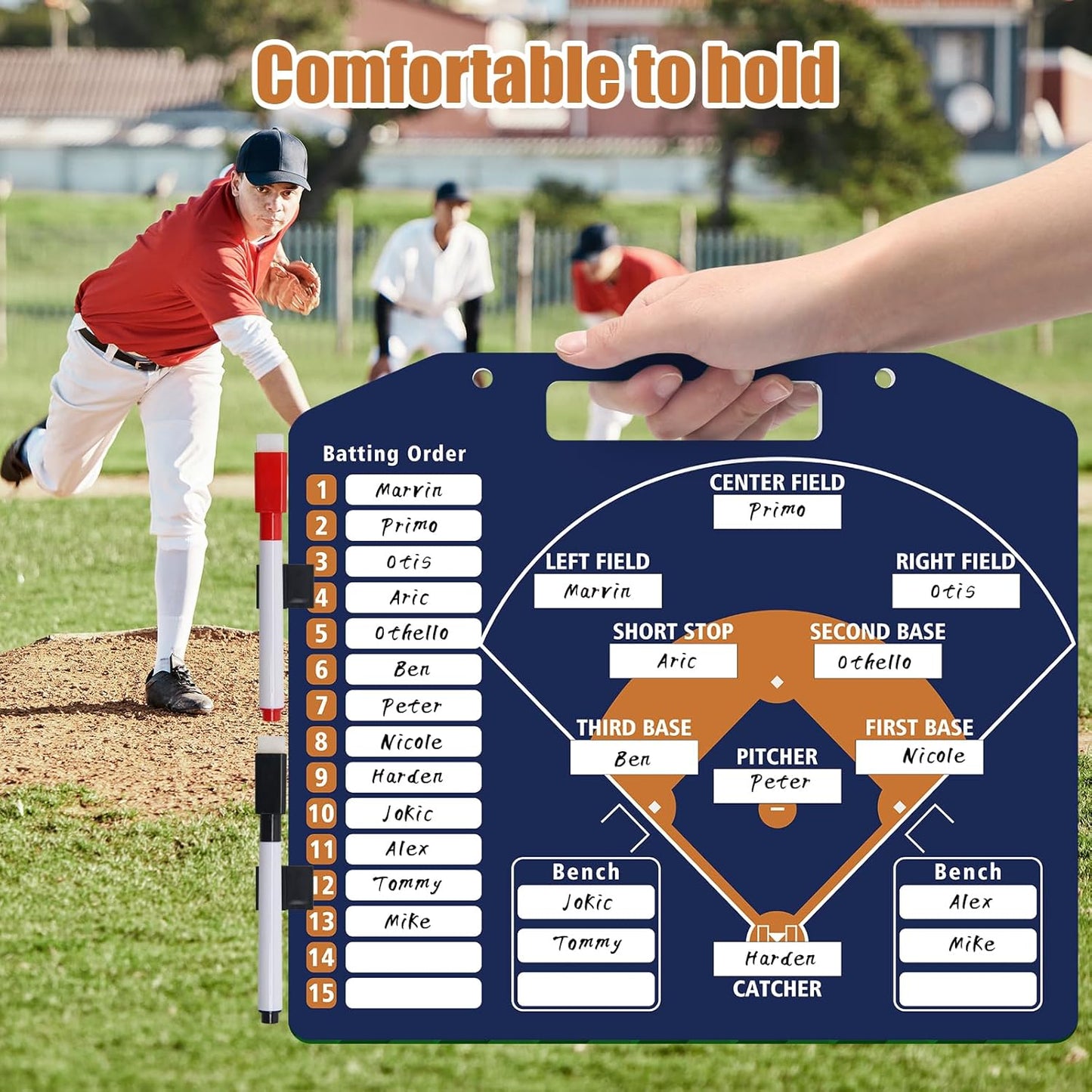 Baseball Coach Clipboard, Anglecai Double-Sided Dry Erase Baseball Lineup Board for Softball Dugout Board Baseball Coaching Board with 30 Lineup Card/ 10 Magnet/2 Marker/2 Hook (Green)