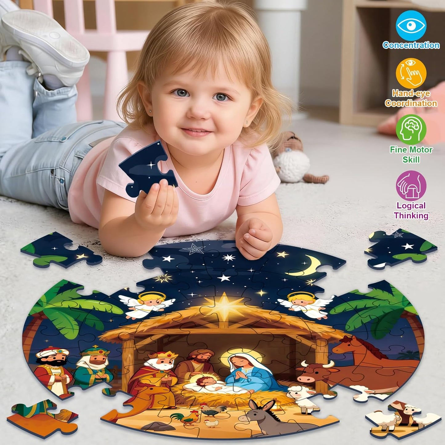 Sitodier Nativity Scene Puzzles for Kids Age 3-5 and 4-6, 48pcs Nativity Large Floor Jigsaw Puzzle Educational Toys Easter Birthday Gift for Toddlers Boys Girls Ages 3 4 5 6 Years Old