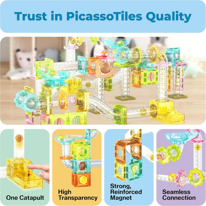 PicassoTiles Marble Run 60 Piece Race Track Magnetic Tiles Magnet Building Block Educational Construction Toy Set Playset STEM Learning Kit Child Brain Development HandEye Coordination Training PTG60