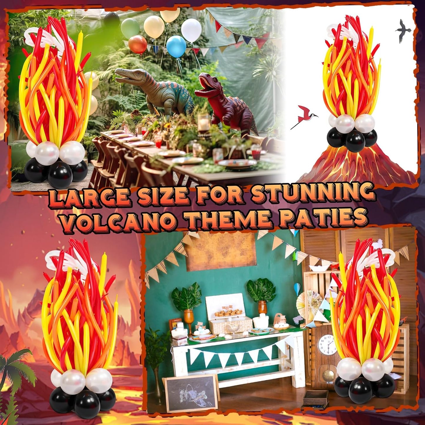 126 Pcs Volcano Birthday Party Decoration Lava Volcano Balloons Set Red Orange Yellow Black Sliver Flame Latex Balloons for Science Dinosaur Lava Luau Hawaiian Fire Party Decor Supplies