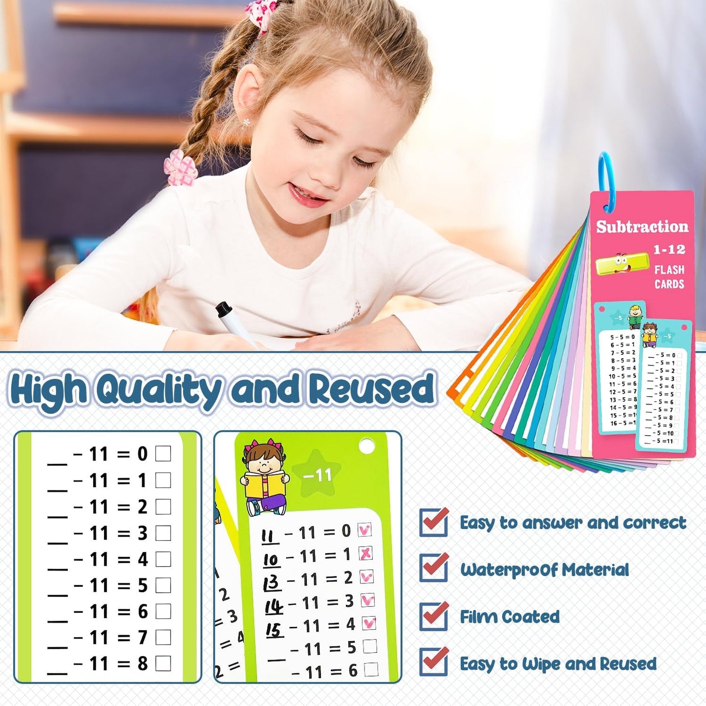 1-12 Multiplication Flash Cards, Large Math Table Flashcards, Including 15 Cards, 2 Dry Erase Markers, 1 Rings, Educational Times Table Flashcards for Classroom Home, for 1st to 3rd Grades