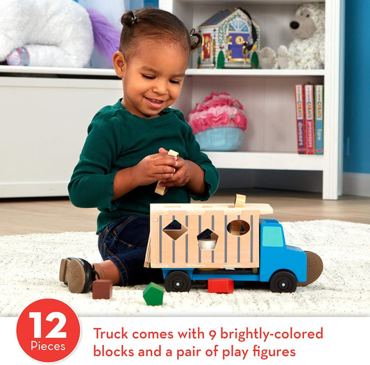 Melissa & Doug Shape-Sorting Dump Truck Wooden Toy with 9 Blocks and 2 Toy Figures - Montessori Toys and Toddler Toys for Preschool Learning Activities