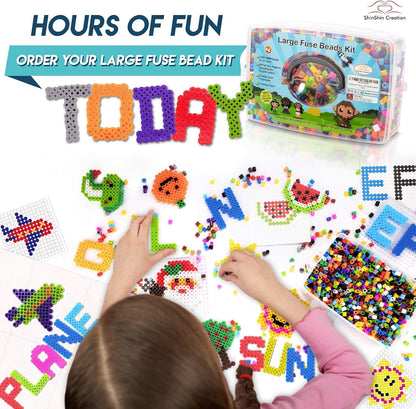 shinshin creation Fuse Beads Kit for Kids - 1500 Large 10mm Melty Iron Beads with Pegboards, 48 Patterns - Arts and Crafts for Boys and Girls Ages 4-7