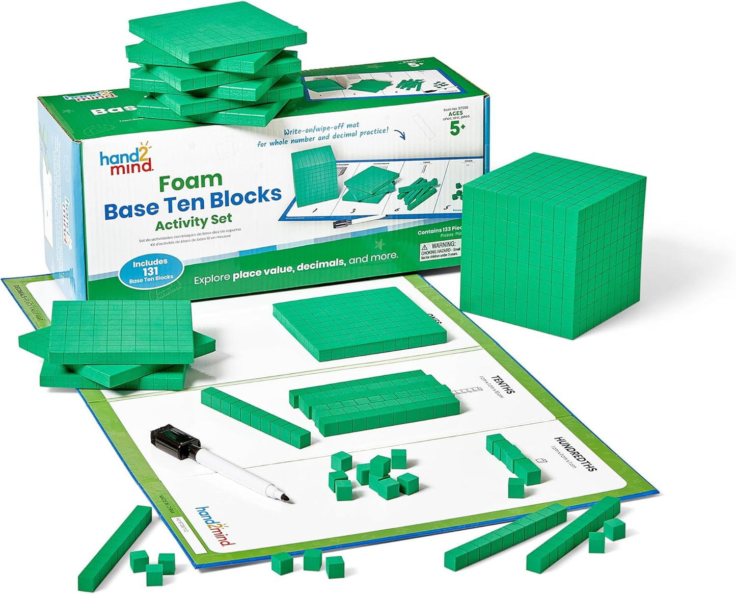 hand2mind Foam Base Ten Blocks Activity Set, Place Value Manipulatives, Base 10 Blocks for Math, Counting Cubes, Math Manipulatives 1st Grade, Small Group Classroom Must Haves (133 Pieces)