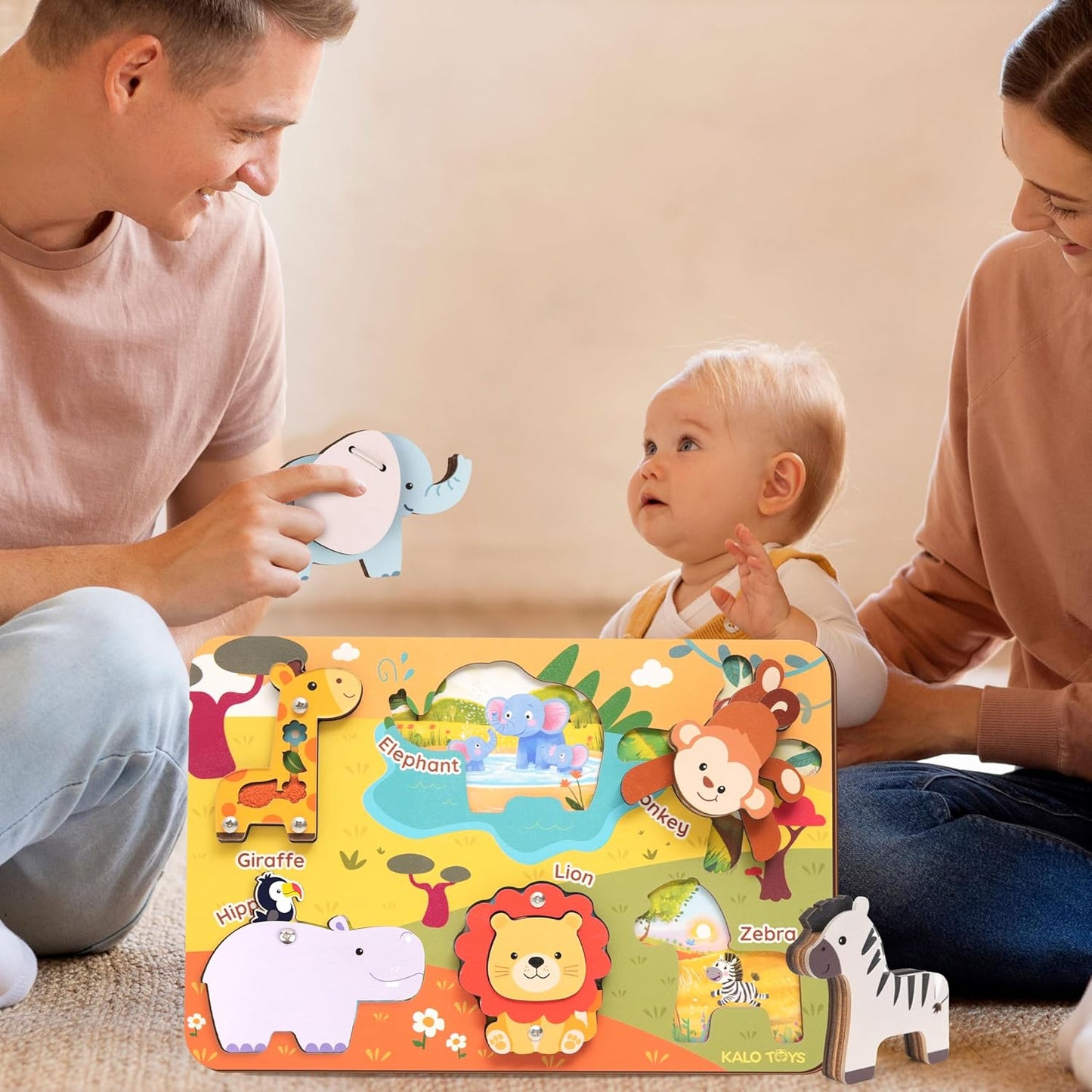 Kalotoys Wooden Montessori Jungle Animal Puzzle for Toddlers 1-3 – Interactive Sensory Toy with Mirror, Zip & Sound – Educational Baby Gift for Fine Motor Skills & Autism Friendly (6 Animals)