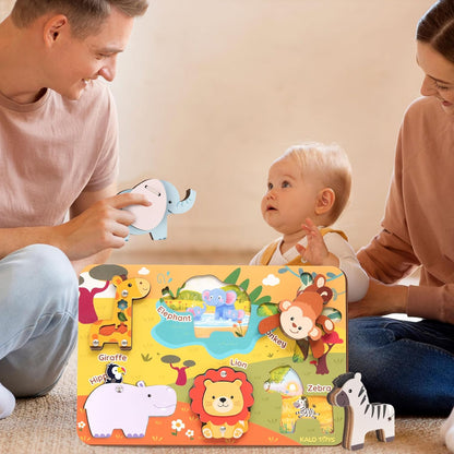 Kalotoys Wooden Montessori Jungle Animal Puzzle for Toddlers 1-3 – Interactive Sensory Toy with Mirror, Zip & Sound – Educational Baby Gift for Fine Motor Skills & Autism Friendly (6 Animals)