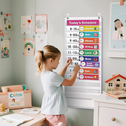 Eamay Daily Schedule Pocket Charts, Teaching Chart, Hoom, Eamay Daily Scheduling Pocket Chart with 13+1 Pockets, 18pcs Dry Erase Cards and 2 Hooks (Black-2)