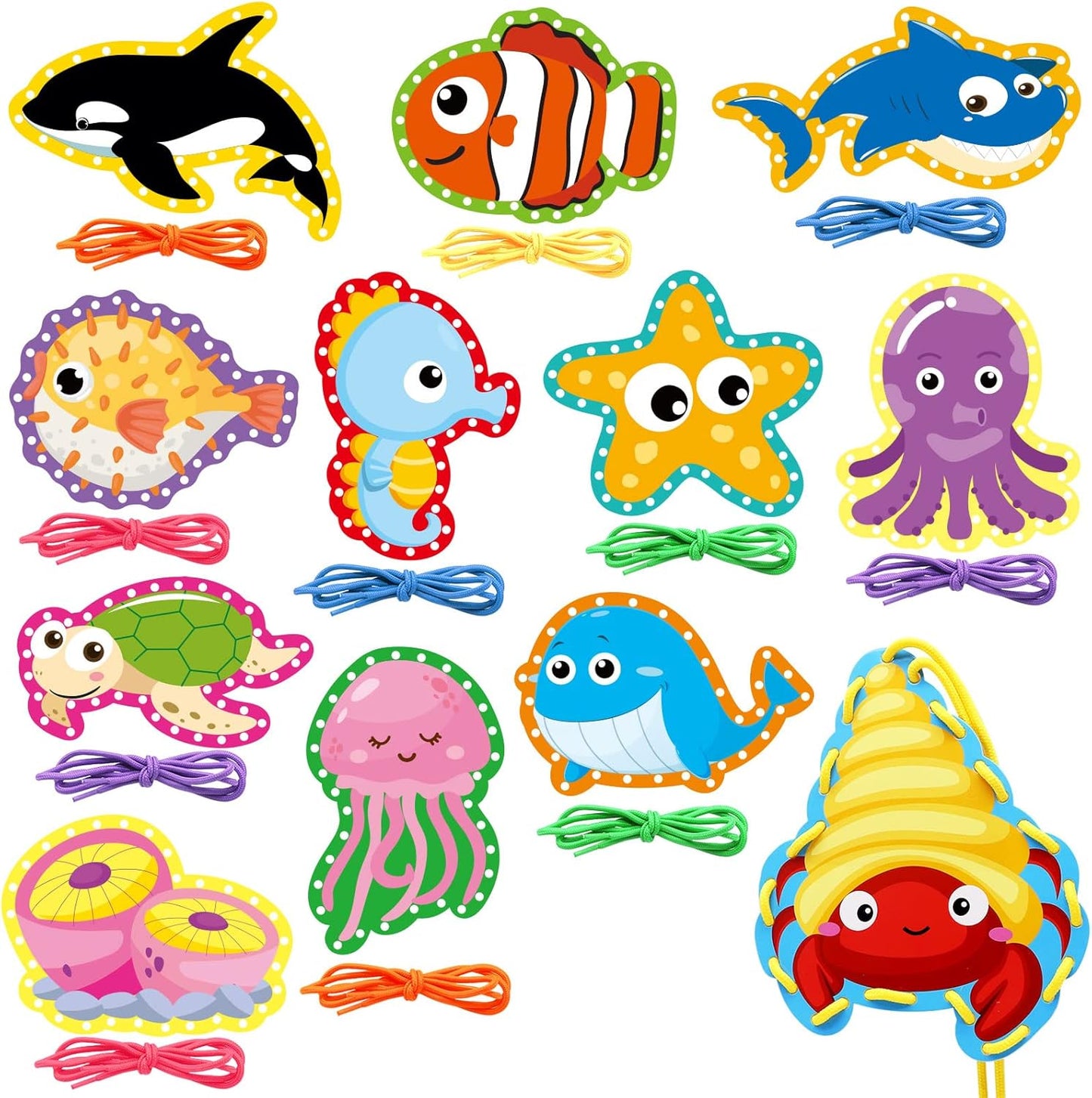 Sea Animals Lacing Cards Sewing Cards For Kids 12 Pack Shark Whale Ocean Theme Party Decor Double Sided Cardboard Lacing Playing Games for Preschool Home Developing Imagination Education Supplies