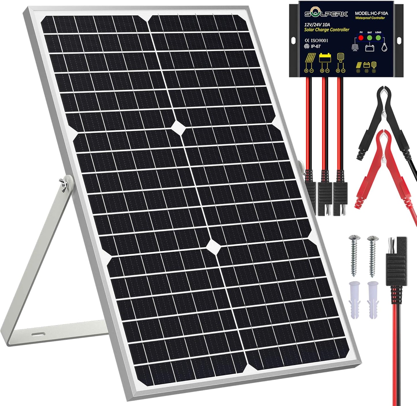 SOLPERK Solar Panel Kit 50W 12V, Waterproof Solar Battery Trickle Charger Maintainer + Waterproof Controller + Adjustable Mount Bracket for Boat Car RV Motorcycle(Without Mounting Bracket)