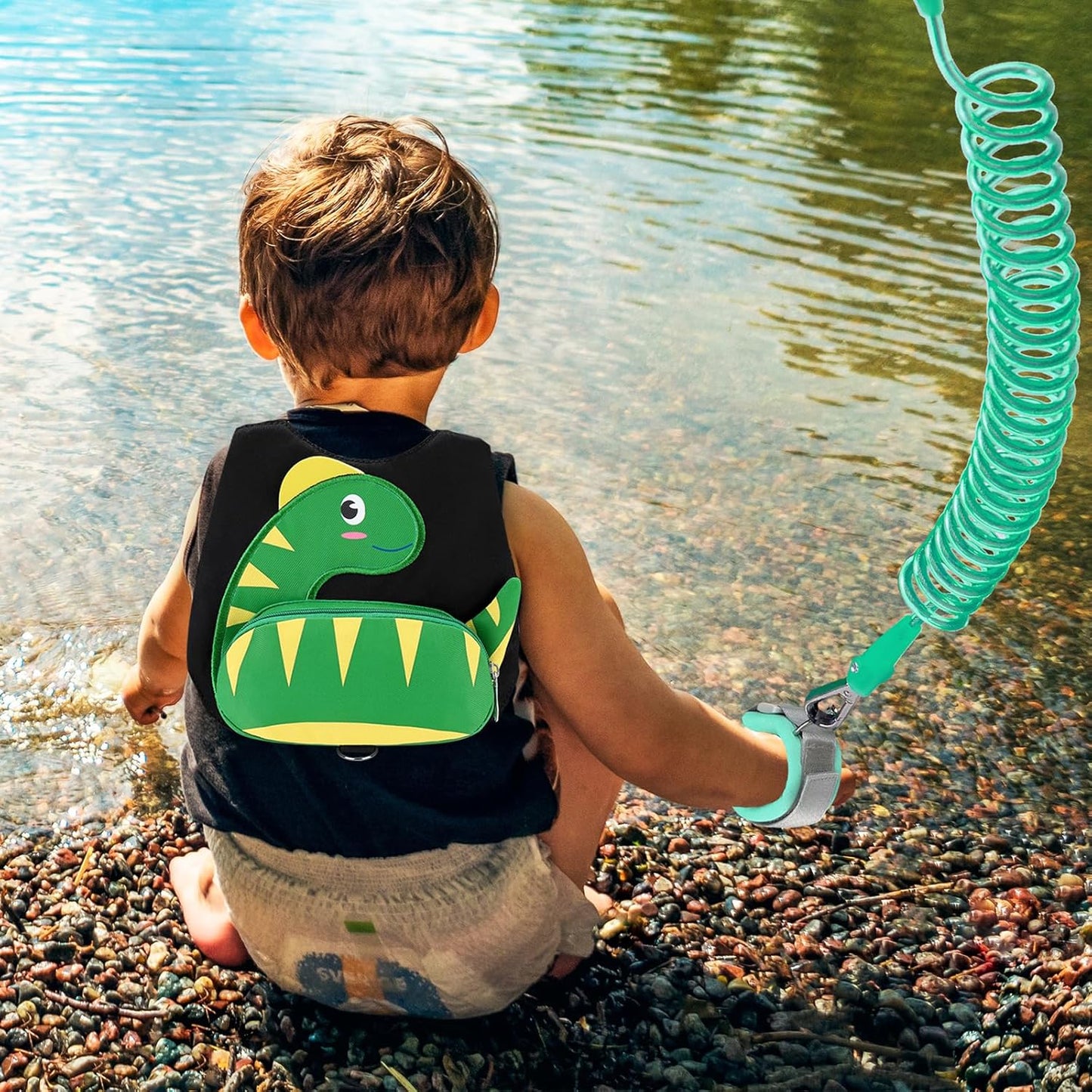 3 in 1 Toddler Harness Leash + Baby Anti Lost Wrist Link, Accmor Cute Dinosaur Child Safety Harness Tether, Kids Walking Wristband Assistant Strap Belt for Parent Boys Outdoor Activity (Black)
