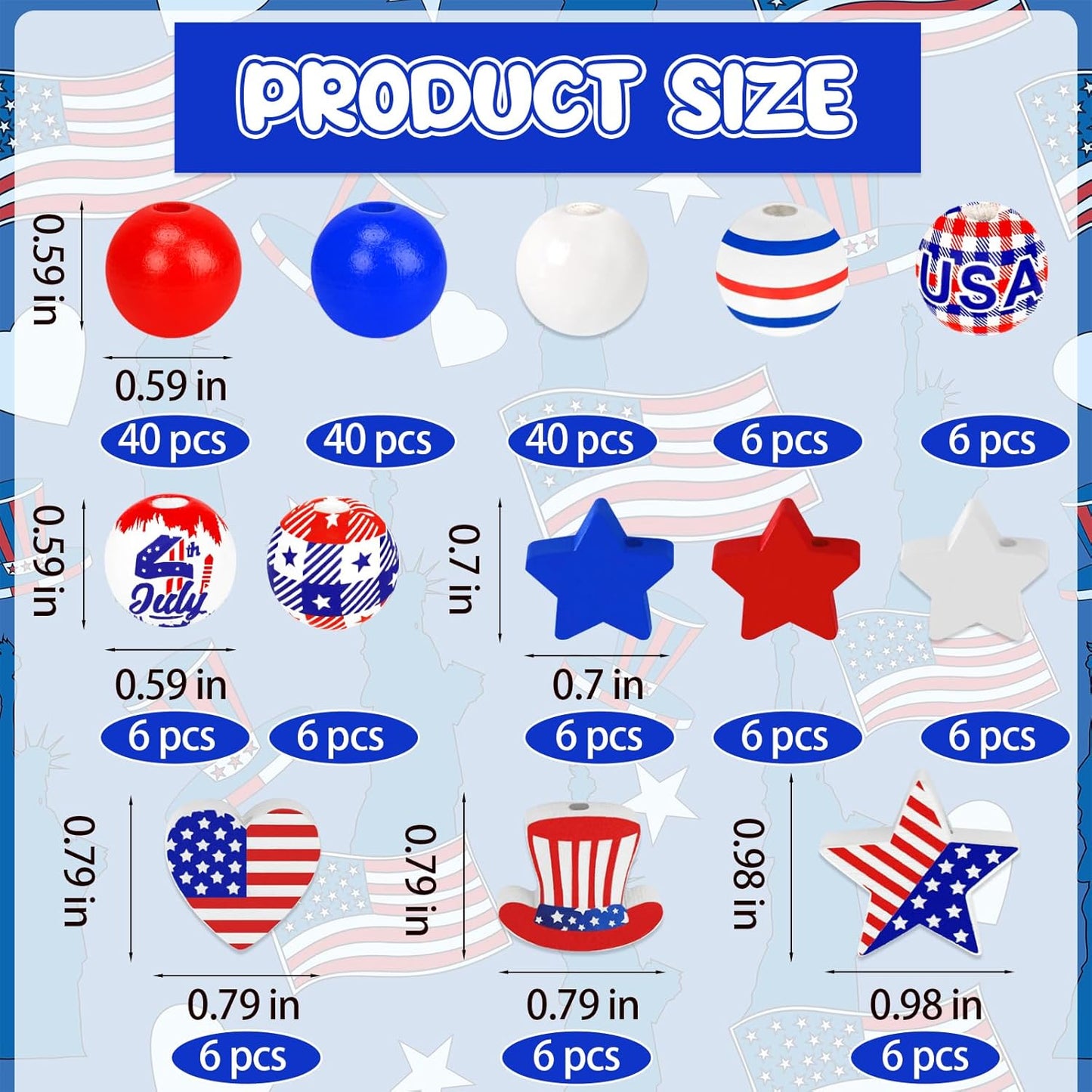 180Pcs 4th of July Wood Beads, Red Blue White Star Beads America Flag Patriotic Wooden Bead Independence Day Craft Bead Bulk for 4th of July DIY Garland Jewelry Making Home Decor