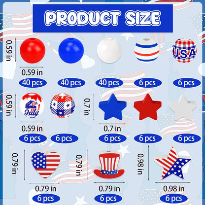 180Pcs 4th of July Wood Beads, Red Blue White Star Beads America Flag Patriotic Wooden Bead Independence Day Craft Bead Bulk for 4th of July DIY Garland Jewelry Making Home Decor