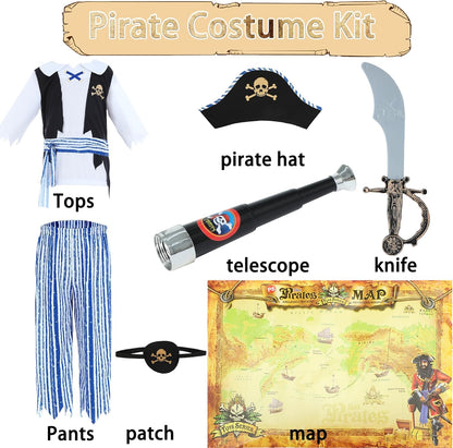 Wizland Kids Pirate Costume, 7Pcs Boys Pirate Outfit with Telescope, Treasure Map Eyepatch, Cutlass