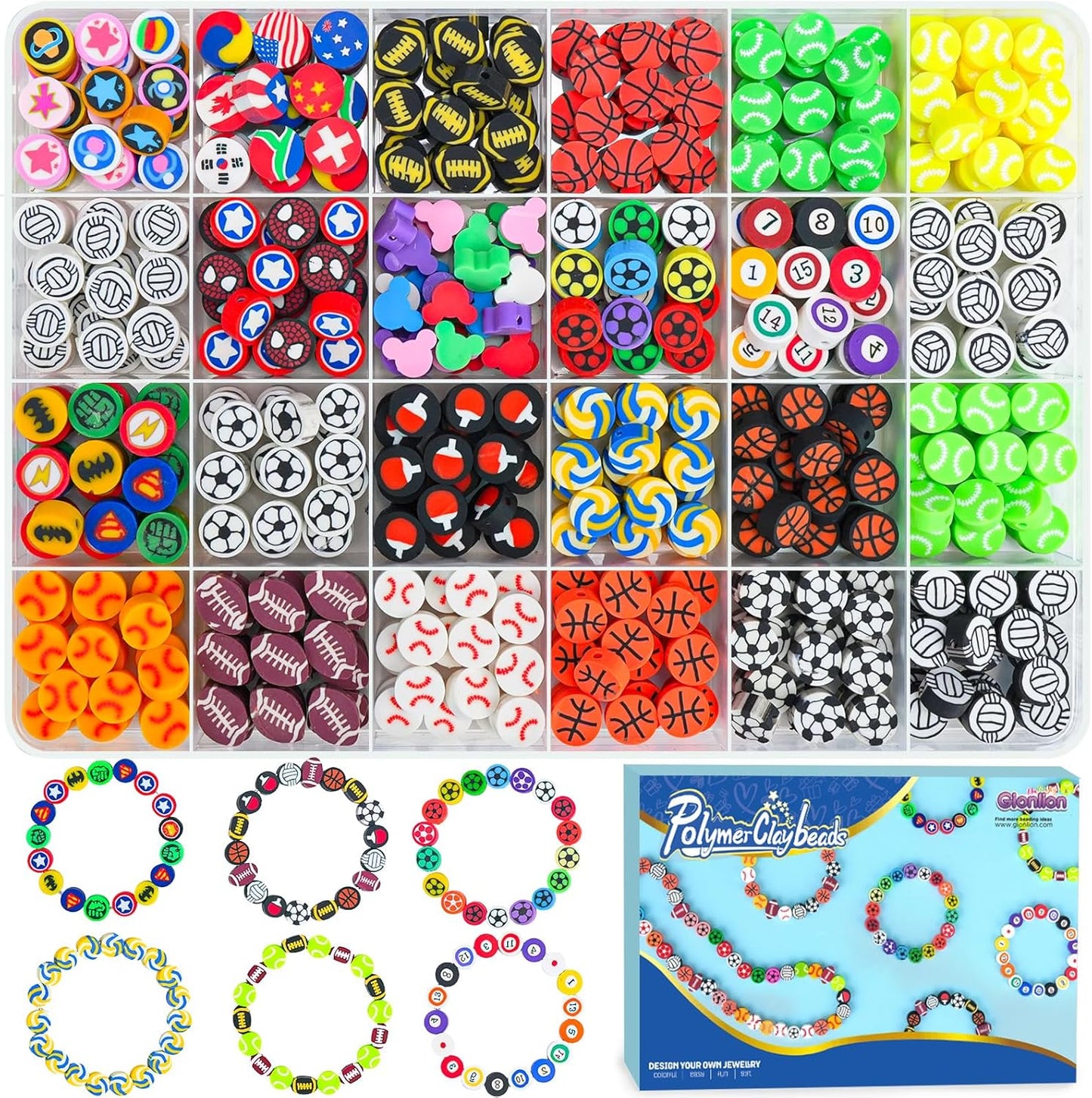 Gionlion 1200 Pcs Polymer Clay Beads Bracelet Making Kit, 25 Style Animal Fruit Flower Butterfly Bunny Pony Letter Beads Charms for Jewelry Making, DIY Art and Crafts Toys Gifts