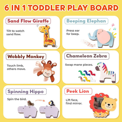 Kalotoys Wooden Montessori Jungle Animal Puzzle for Toddlers 1-3 – Interactive Sensory Toy with Mirror, Zip & Sound – Educational Baby Gift for Fine Motor Skills & Autism Friendly (6 Animals)