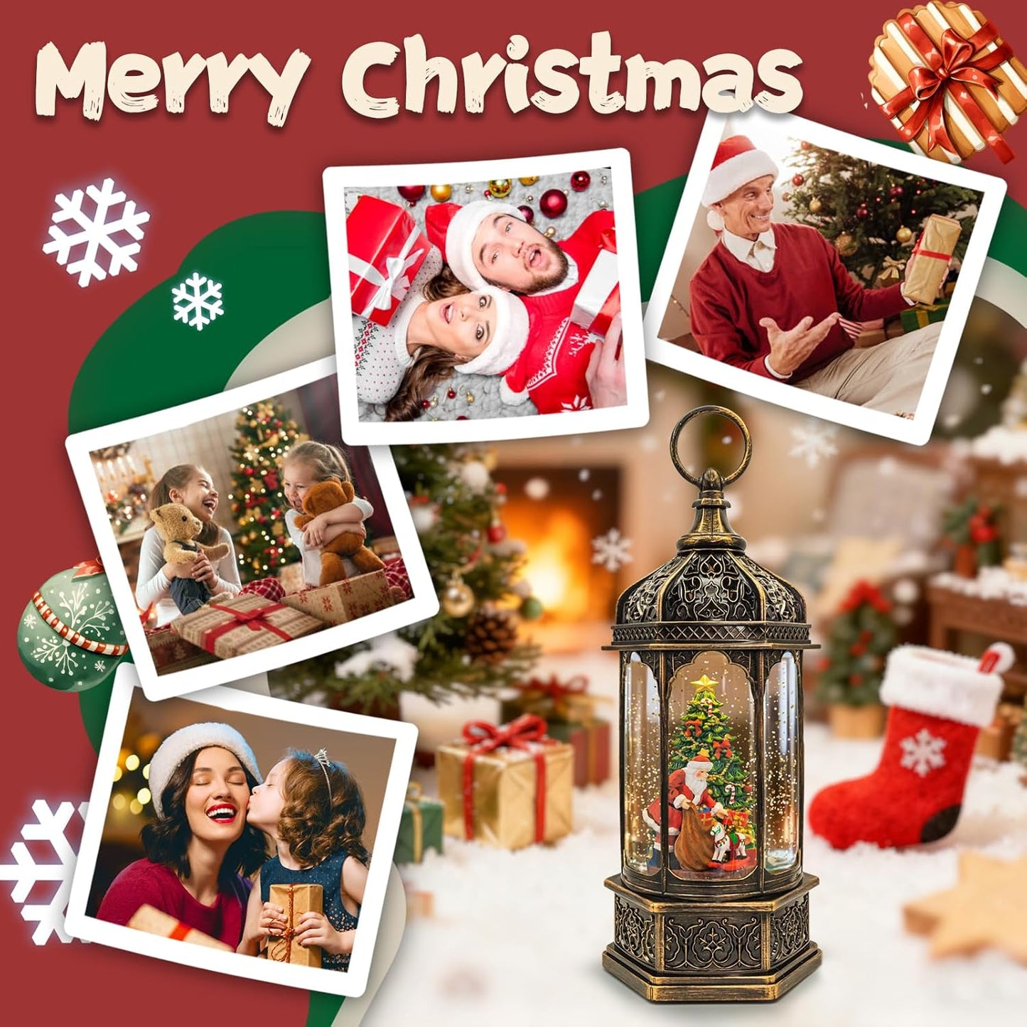 Christmas Snow Globes Lantern, Church and Christmas Tree Christmas Decorations Indoor, 6H Timer Battery & USB Powered Light Up Musical Snow Globes for Kids Women Adults Gift Thanksgiving Home Decor