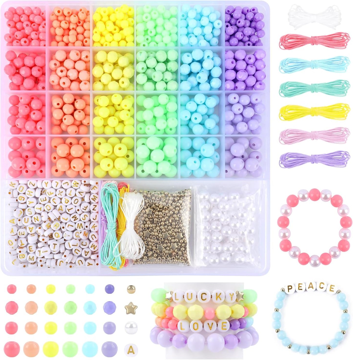1720+pcs Pony Beads Kit 1830pcs 6 Style Letter Alphabet Beads Rainbow Plastic Pony Bead Bulk Multicolor Kandi Bead Elastic String DIY Crafts Jewelry Making Kit for Bracelets Necklaces