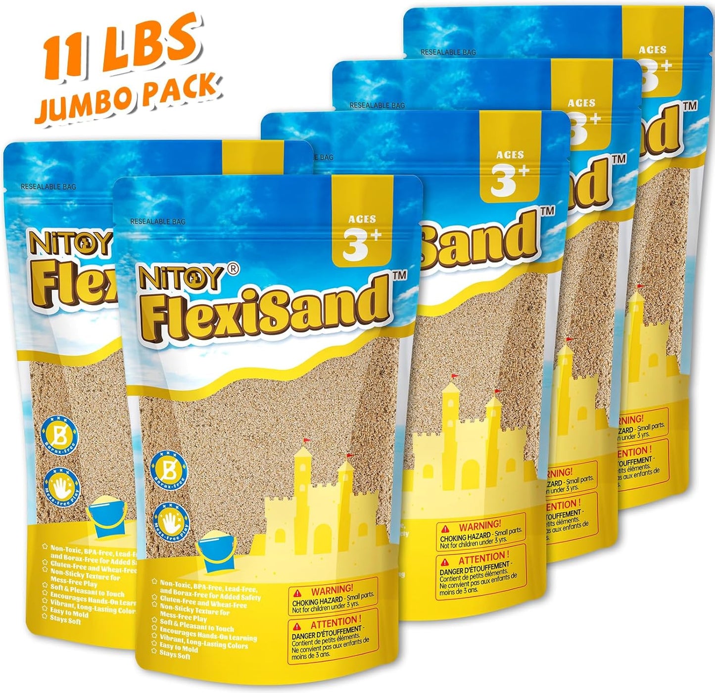 NiToy FlexiSand 19 lbs Moldable Self-Sticking Sand, Never Dries Out Fun for Over 3 Years Old Kids Bulk Refill for Sensory Sand Box Toys, Ideal for Shaping, Squeezing and Rolling (Dark Yellow)
