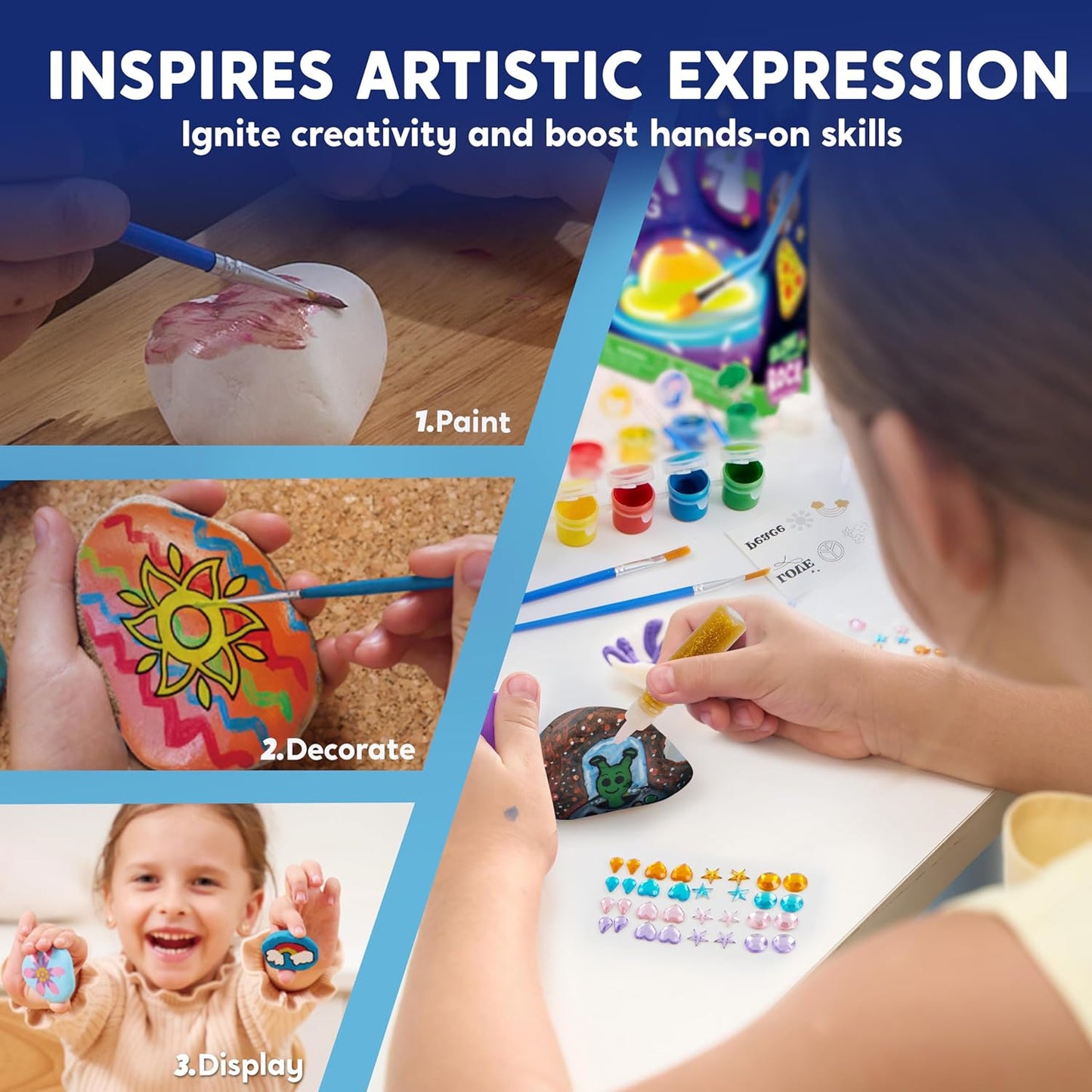Rock Painting Kit for Kids, Arts and Crafts for Girls & Boys Ages 6-12, DIY Supplies for Painting Rocks, Easter Craft Kits Art Set, Toddler Birthday Christmas Presents, Family Indoor Activity
