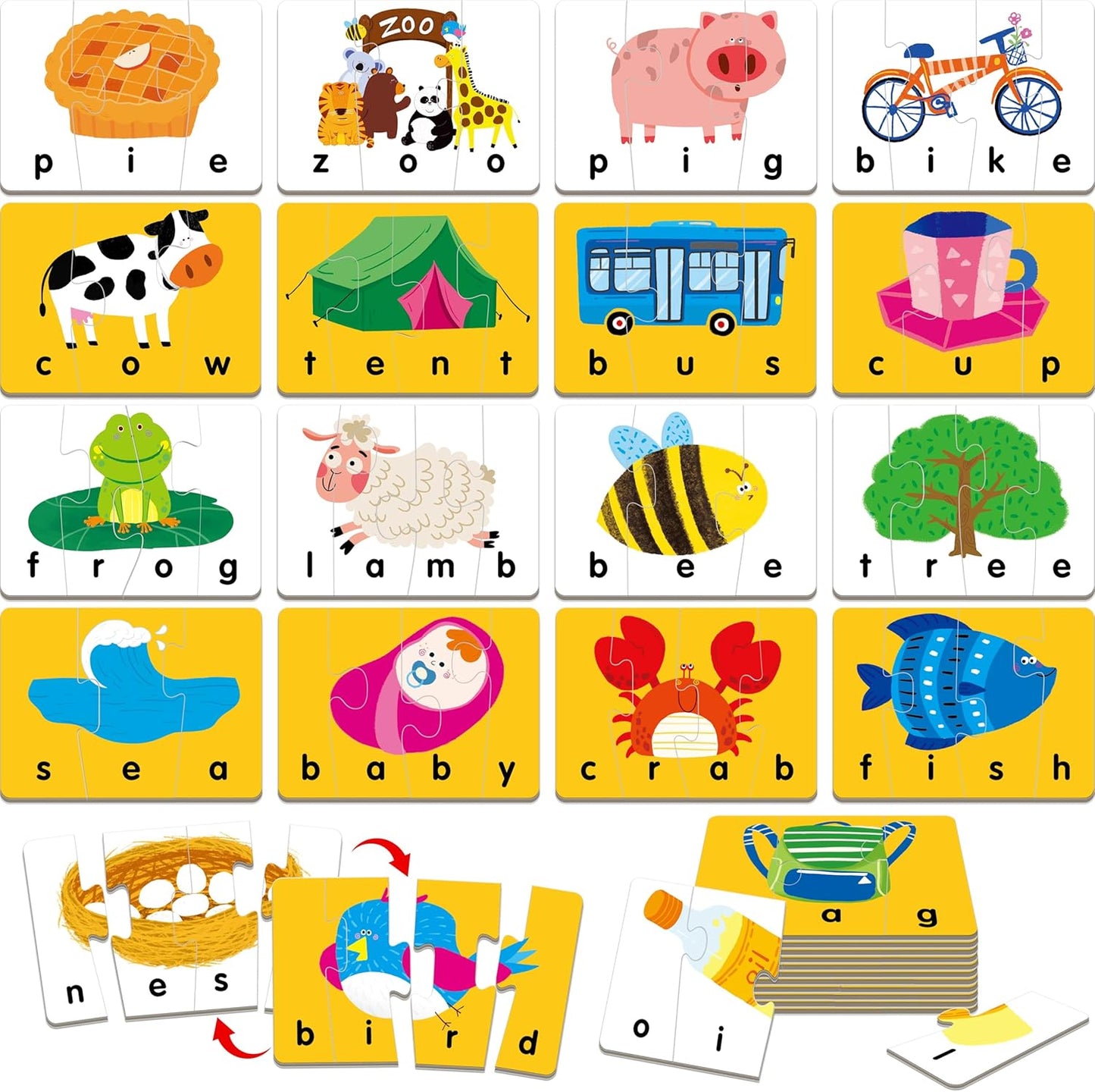72 Word Spelling Puzzles with Error-Correction Mechanism in 3 Pieces, Perfect for Preschool Learning (36 Block Double Sided)