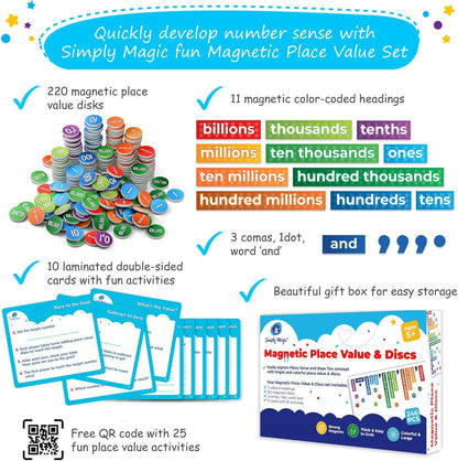Simply Magic Magnetic Place Value & Discs Set & Jumbo Colorful Magnetic Base Ten Blocks + Headings for Math