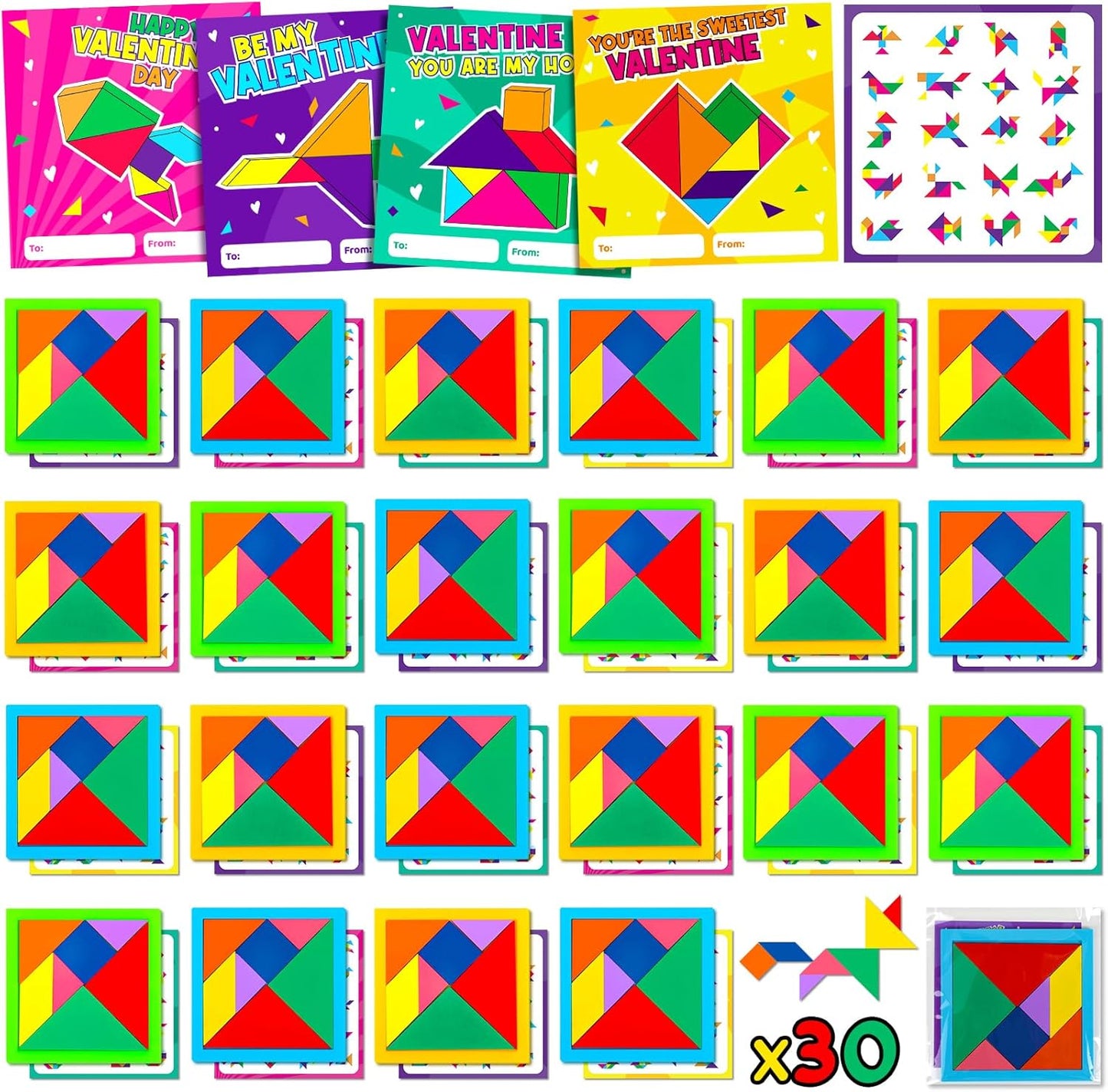 30pcs Tangram Puzzle Wooden Valentines Day Cards Gifts Kids Classroom Valentine’s Greeting Cards Classroom Exchange School Supplies Return Gifts For Birthday Party Favors Goodie Bags Stuffers Bulk Toy