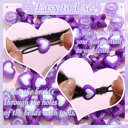 60PCS Purple Braids Beads 3 Styles Dreadlock Bead Accessories Cute Hair Jewelry AB Round Bead Decoration for Kids Girls