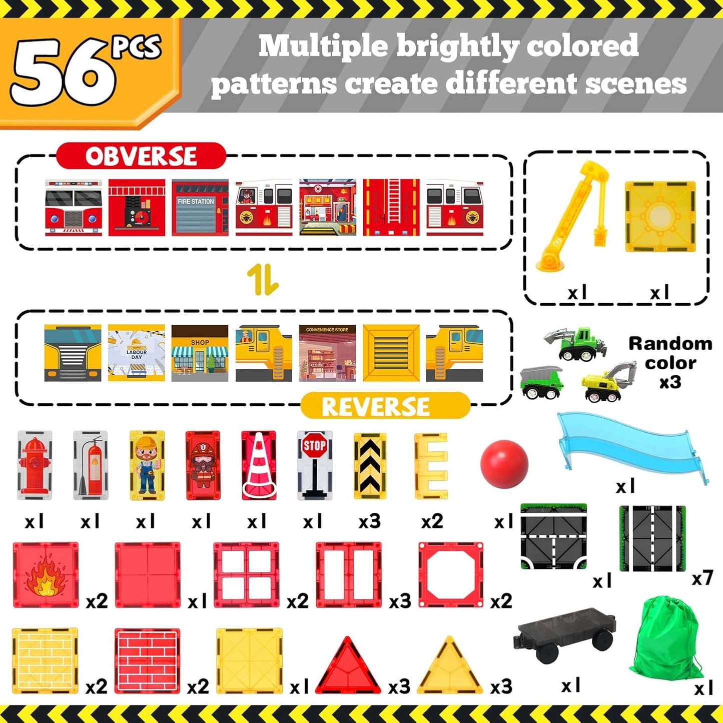 SKTMYY Magnetic Tiles Construction Toys with Road & Crane & Marble Run, Double-Sided Fire Station & Building Magnet Tiles for Kids Ages 4-8, STEM Magnetic Blocks Gifts for 3 4 5 6 7 8 Year Old Boys