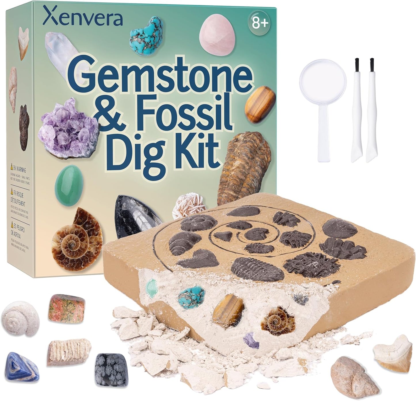 Gemstone and Fossil Dig Kit – Excavate 10 Gems and 10 Fossils, STEM Geology Set, Educational Toy, Science Kit for Kids Ages 8+