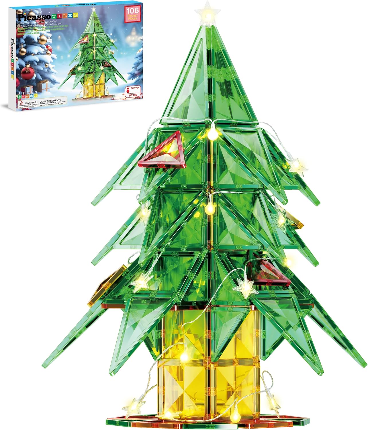 PicassoTiles Magnetic Tile Christmas Holidays Cottage Building Set with Santa Elves Nutcracker 6 Character Figures STEM Educational Construction Toy Winter Magnet Block Gift for Kids Age 3 Plus PTQ08
