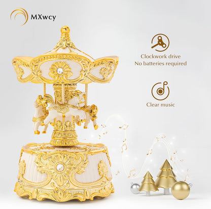 Carousel Music Box Gold & Ivory Christmas Snow Globes, 8.3" Rotate Carousel Snow Globe for Kids & Adults, Classic Wind up Musical Snow Globe Birthday Gifts for Women Girls, Carousel Horse Home Decor
