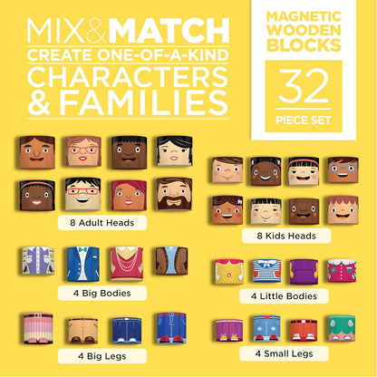 16-Piece Multiracial Magnetic Friends Play Set, Wooden Diversity Building Blocks for Kids, Multicultural Dolls for Creative Play & SEL Development – Ages 1+