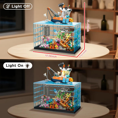Moving Mechanical Dolphin Building Set - Hand Crank Model Kit with Swimming Tail, Movable Jaw & Glowing Lights | STEM Educational Toy & Unique Desk Decor for Ages 8+, Adults, Blue