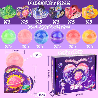 30 Pack Kids Valentines Day Galaxy Slime Gift Kit with Greeting Card Box Stress Relief Fidget Toy for Classroom Exchange School Prizes Birthday Supplies, Valentines Gifts for Kids Classroom