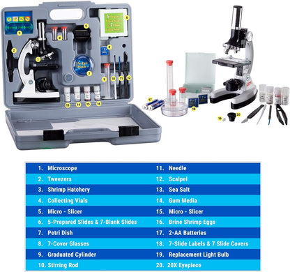 AMSCOPE-Kids 120X-1200X White Metal Arm Starter Kids Student Microscope Kit and Compact Refractor Telescope with Tripod - M30-ABS-KT2-W-TKVB1