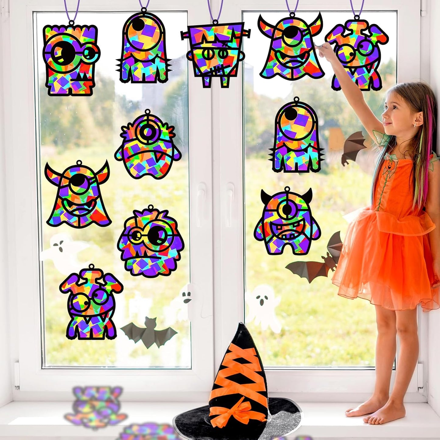 32 Sets Outer Space Suncatchers Craft Kit DIY Window Stained Glass Effect Planet Astronaut Alien Paper Crafts Home School Classroom Decoration Kid Birthday Gift Creative Art Project Activity Game - Colors B