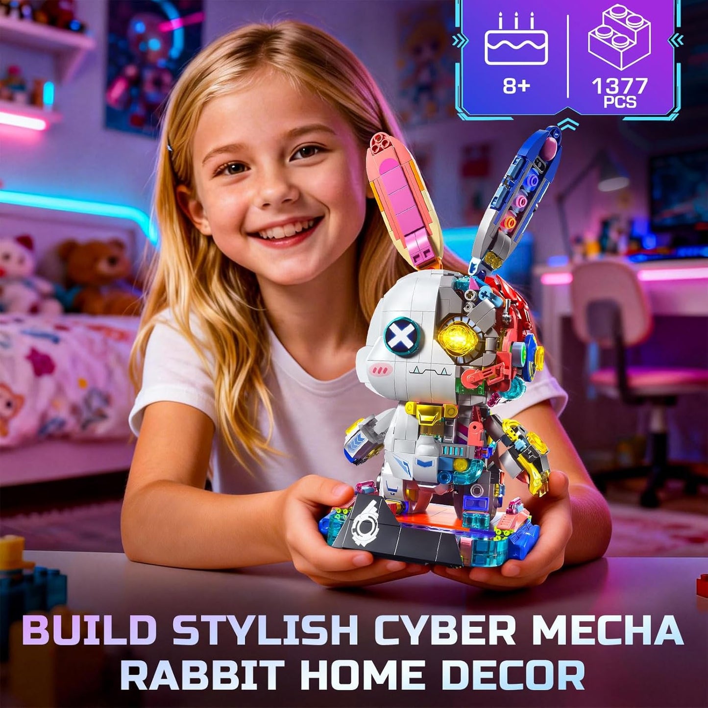 PIKARO Mechanical Bunny Rabbit Building Set for Boys Girls - Collection Animal Punk Style Toy Model Kit with LED Light, Easter Halloween Birthdays Gift for Teens Kids Age 8 12 14 (1377 Pieces)