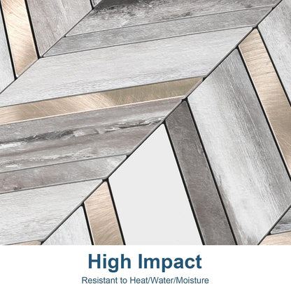 Yipscazo 10 Sheets Herringbone Backsplash Peel and Stick Tile, Marble Calacata Mixed Metal Gold PVC Stick on Backsplash for Kitchen, Waterproof Self Adhesive Wall Tile for Bathroom