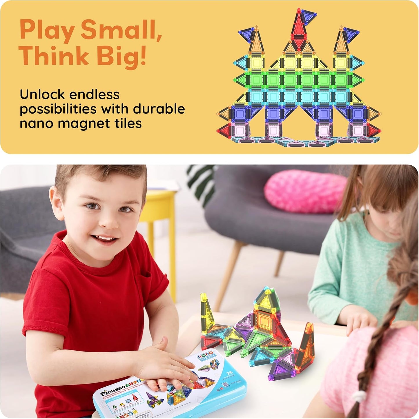 PicassoTiles 80 PCs Magnetic Tiles Travel Size Mini Version Building Block Construction Set for Kids Great Gift Ages 3+ Boys & Girls Preschool Kindergarten Montessori Playing Toys Stacking Fun PTM80
